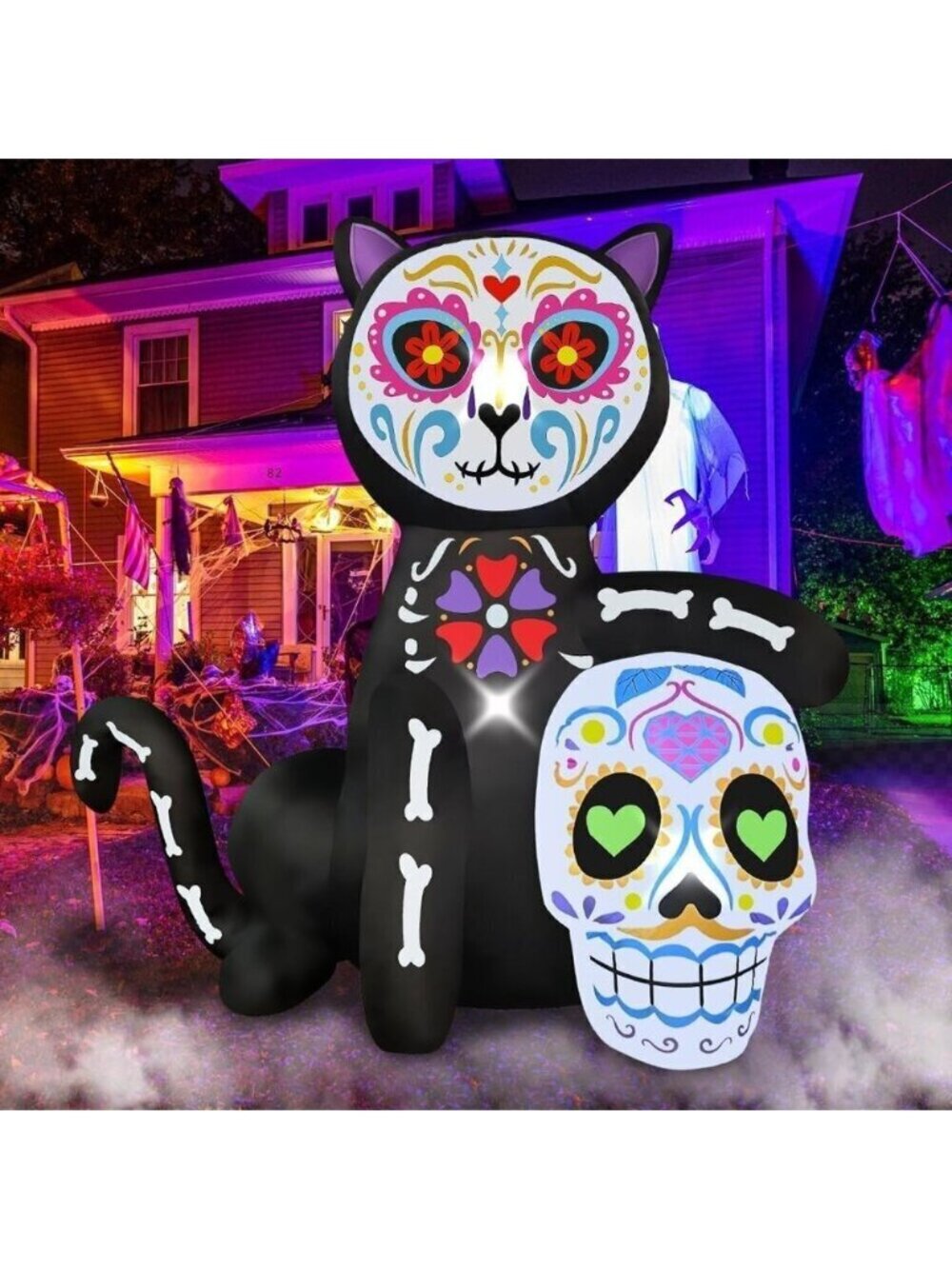 5FT Halloween Inflatable Black Cat Decoration Muertos Sugar Skull Holiday Party